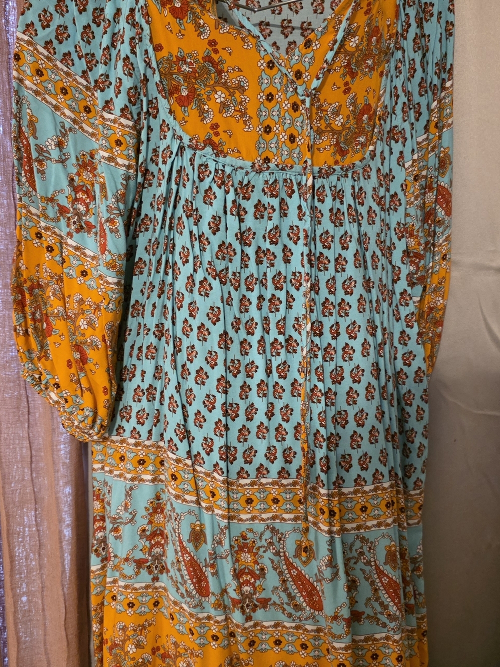 Vintage-Inspired Midi Dress in Turquoise and Mustard
